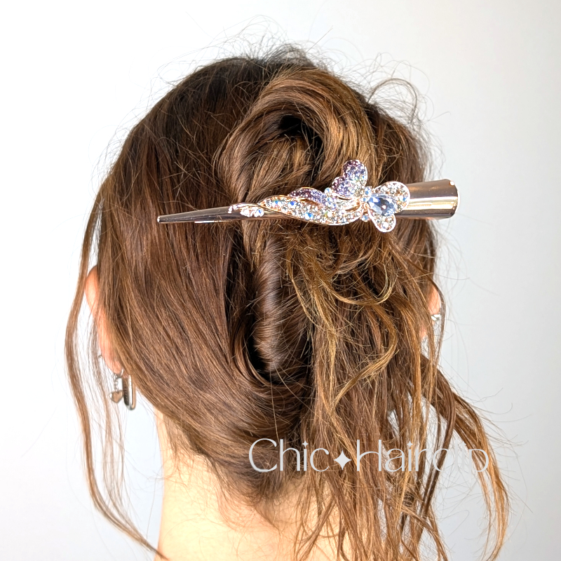 Grande Pince cheveux pélican en métal doré ornée de strass