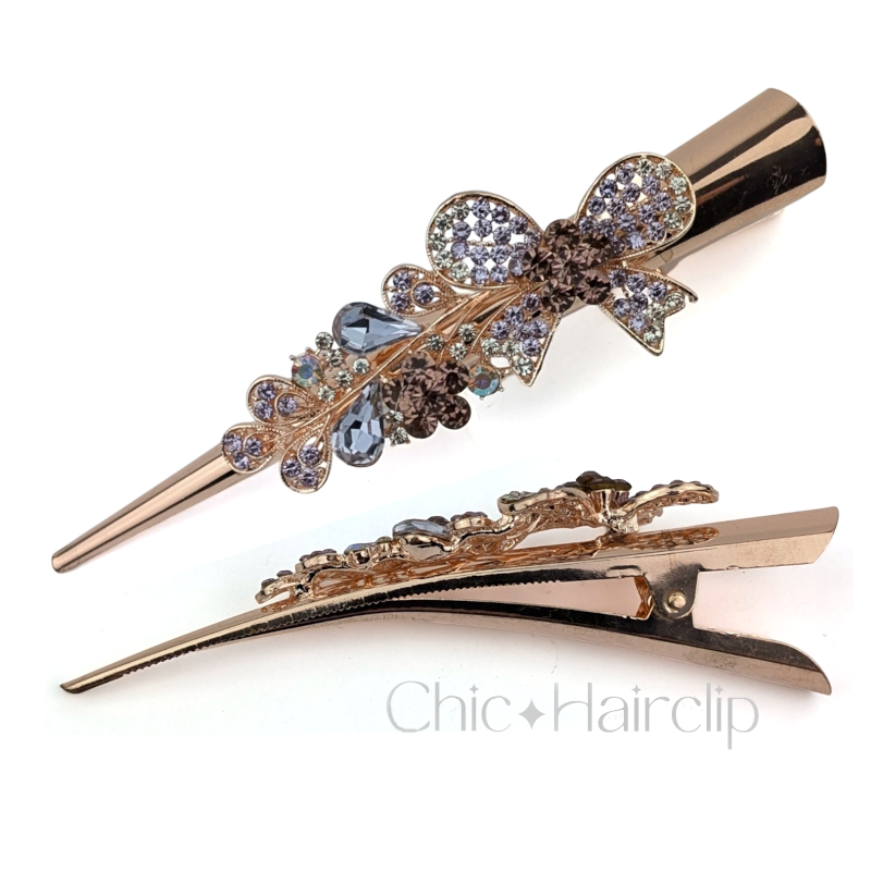 Grande Pince cheveux pélican en métal doré ornée de strass